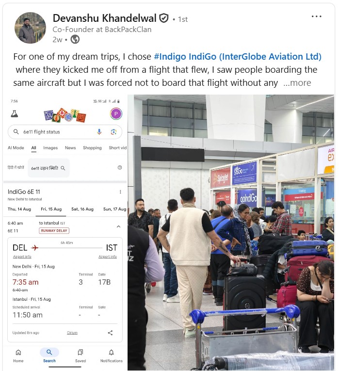 Devanshu Khandelwal, Co-founder at BackPackClan Linkedin post on Indigo Flight